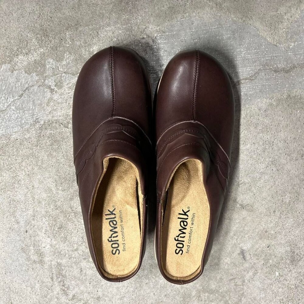 Softwalk Amber Dark Brown Leather Clogs Size 9.5W Wide Comfort Slip On - Picture 2 of 7